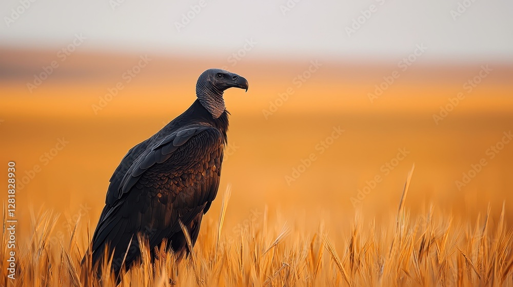 Obraz premium A solitary vulture stands amidst golden grass, capturing the essence of nature's beauty and the wildlife of open landscapes.