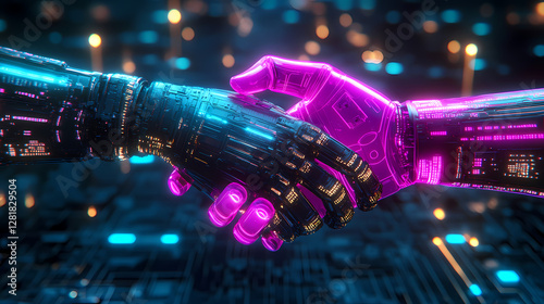 Futuristic Robot and Human Handshake with Circuit Board Texture and Neon Blue-Purple Lighting in Cinematic Cybernetic Theme