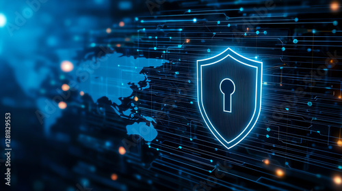 Digital shield symbol on blue background with world map, representing security and protection in technology