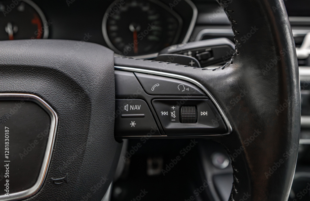 Obraz premium Multifunction steering wheel in a limousine, top-of-the-range car equipment, voice dialing, additional equipment, a4 b9