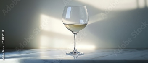 A single wine glass sits elegantly on a sleek marble surface, casting soft shadows in diffuse sunlight, capturing a serene moment of solitude.