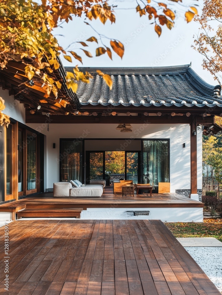Fototapeta premium A traditional Korean house enjoys a beautiful autumn view and foliage