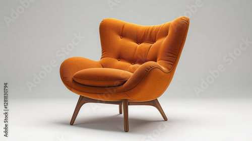 A comfortable suede lounge chair with wooden legs, featuring an artistic modern shape and brown color. Minimalistic Furniture on isolated white background, Stock image, HD quality
