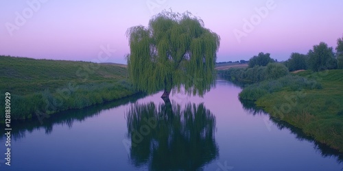Peaceful river scene with a weeping willow reflected on the water.