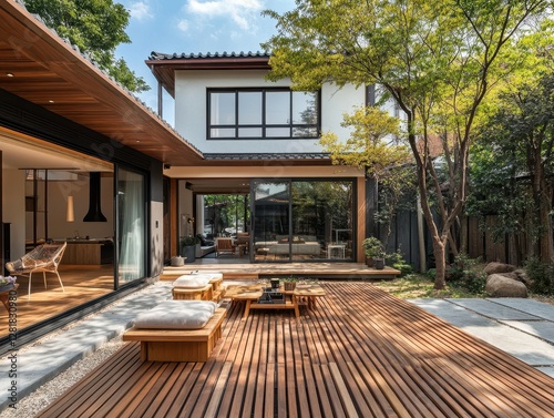 A modern home showcases luxurious architecture with a spacious backyard