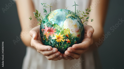 Hands Holding Earth Globe with Growing Plants and Floating Green Energy Icons in Watercolor Eco-Friendly Poster Design