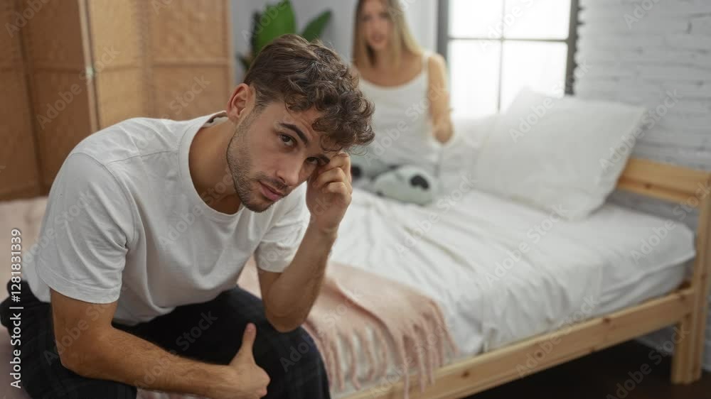 Man sitting distressed while woman argues in cozy bedroom indicating conflict and emotional tension in a relationship setting within a home interior environment. Man sitting distressed while woman argues in cozy bedroom indicating conflict and emotional tension in a relationship setting within a home interior environment.