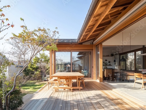Modern wooden house exterior shows a wooden deck with landscaping