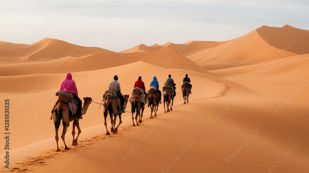 Fototapeta premium Tourists riding camels in sahara desert at sunset