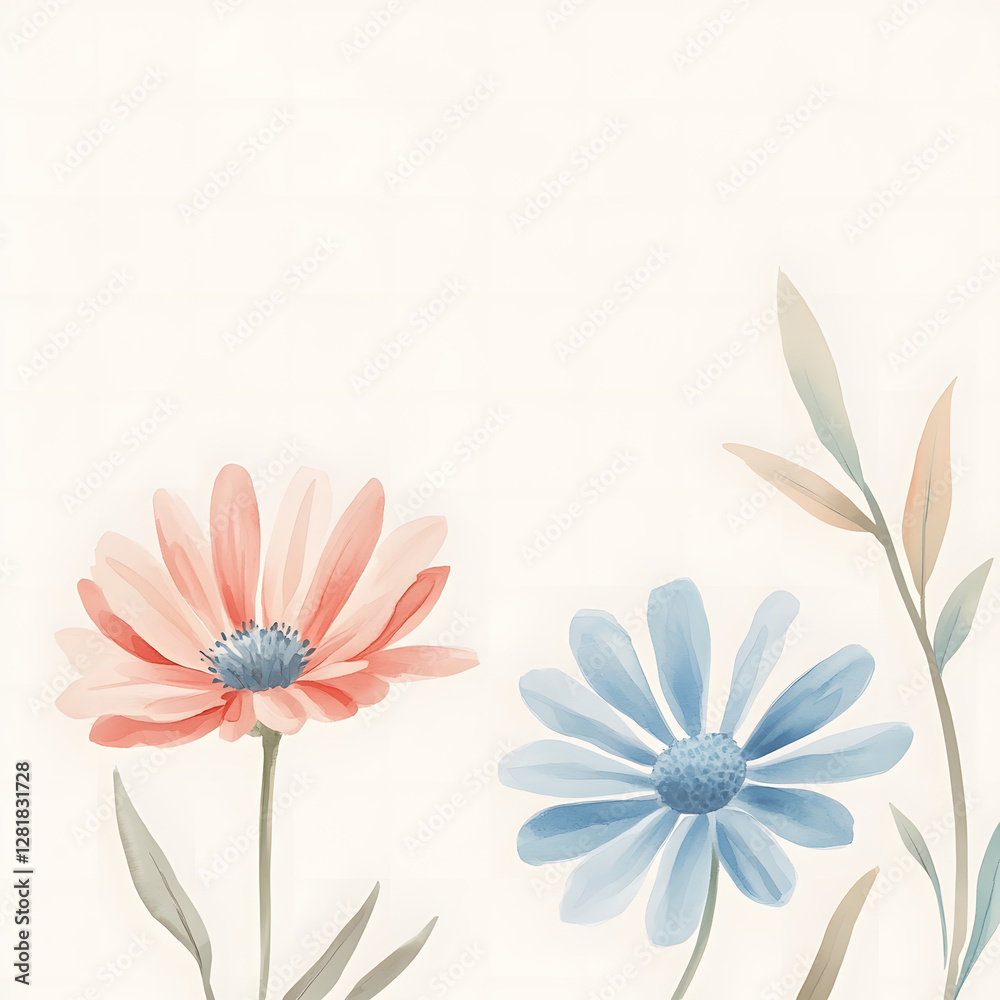 Fototapeta premium Frame of African Daisy, horizontal border, with minimal details and a simple illustration. Watercolor botanical banner for the design of invitations, cards, congratulations, announcements, sales.