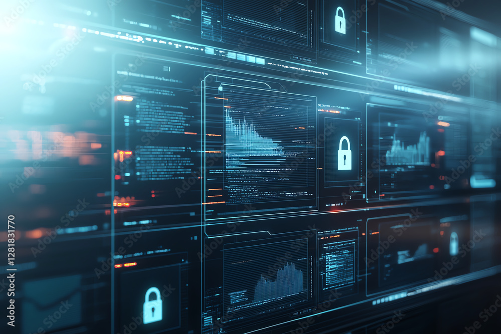 Obraz premium High tech security system with multiple screens displaying data and graphs. interface features lock symbols, emphasizing data protection and cybersecurity