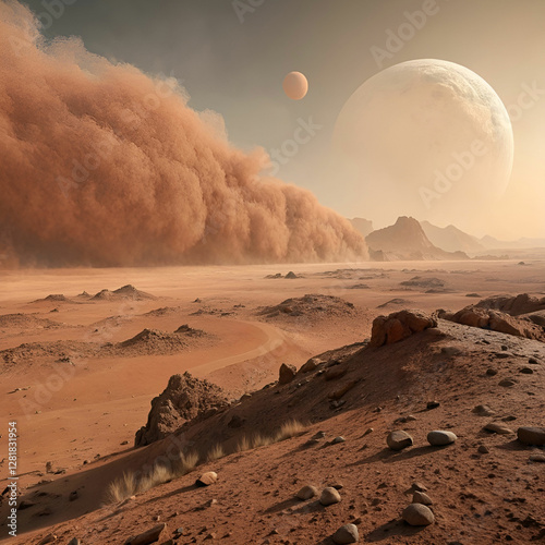 A dust storm sweeping across the Martian desert, uncovering rocky dunes and swirling red dust in the thin atmosphere.