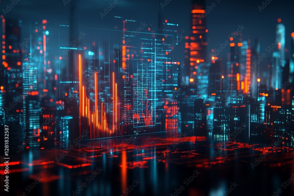 Fototapeta premium City skyline illuminated by futuristic data visuals reflecting a digital landscape at night