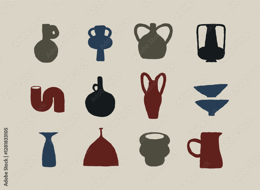 Vases ceramic set different form drawn in art style on light beige color background