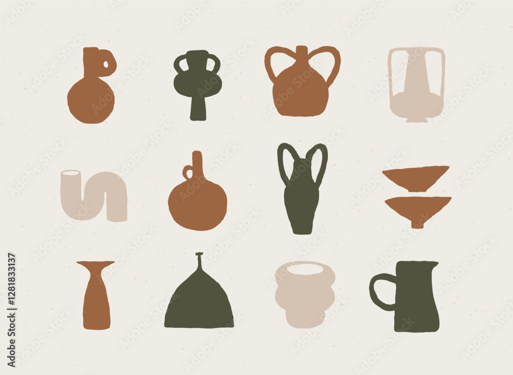 Vases ceramic set different form drawn in art style on light color background