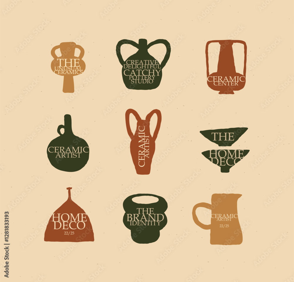 Vases ceramic set with lettering different form drawn in art style on beige color background