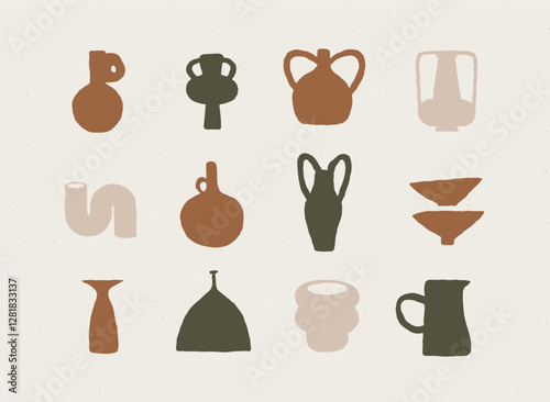Obraz na płótnie Vases ceramic set different form drawn in art style on light color background w salonie