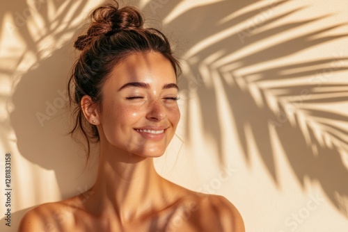 Young woman enjoying sunlight with shadows of tropical leaves on her skin. Generated AI