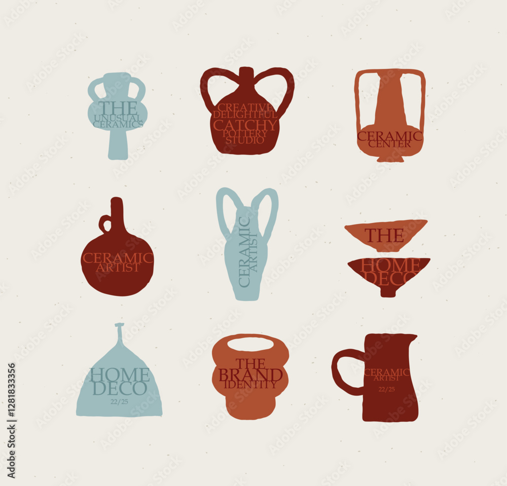 Vases ceramic set with lettering different form drawn in art style on white color background