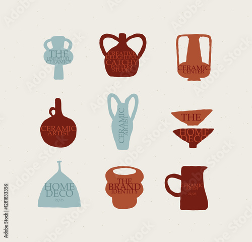 Obraz na płótnie Vases ceramic set with lettering different form drawn in art style on white color background w salonie