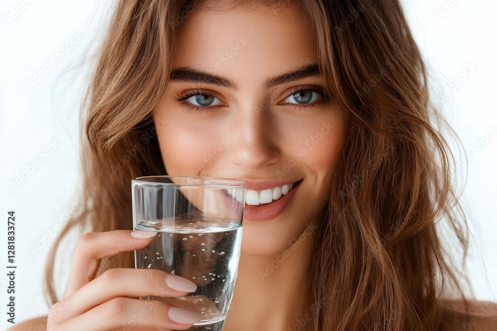 Beautiful smiling woman drinking pure fresh water from glass on white background Beautiful smiling woman drinking pure fresh water from glass on white background