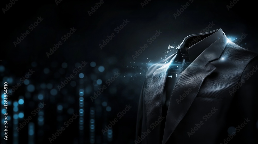 Obraz premium Mysterious futuristic digital suit with glowing blue light effects on dark background