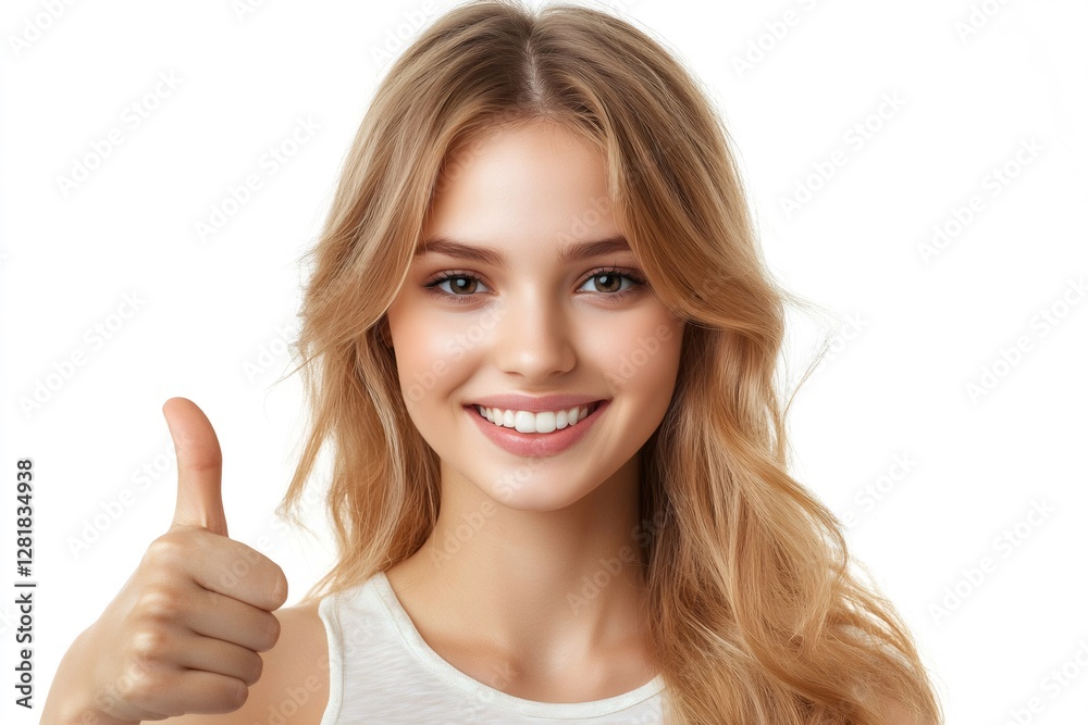 Smiling blonde woman showing thumbs up sign approving something Smiling blonde woman showing thumbs up sign approving something