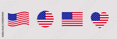 US flag vector set. Geometric shapes. USA official symbols collection. Web, national, travel, patriotic design elements. rectangle, round, love heart and waved flagstaff isolated icons