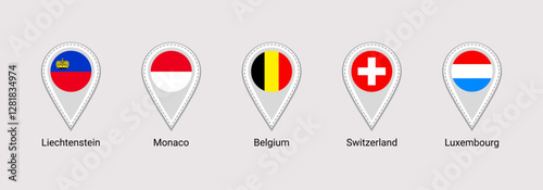 European states flags map pins isolated icons vector illustration. Switzerland, Belgium, Monaco, Luxembourg, Liechtenstein official symbols stickers signs. Europe countries location point marker badge