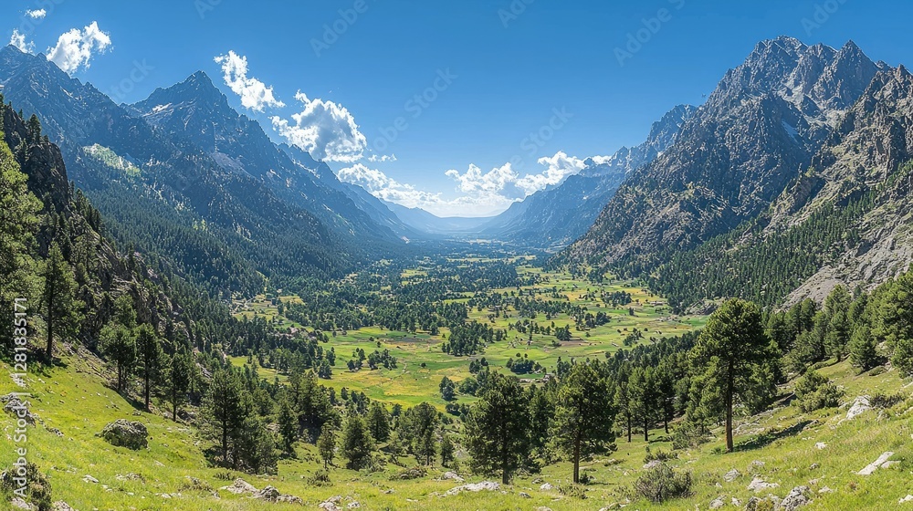 Valley floor surrounded by mountainous terrain on a beautiful sunny day Valley floor surrounded by mountainous terrain on a beautiful sunny day