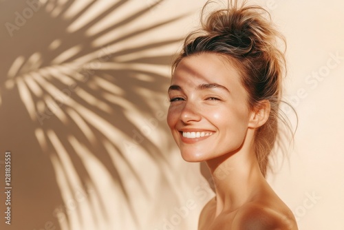 Portrait of a joyful young woman with sunlight effects and palm leaf shadows. Generated AI