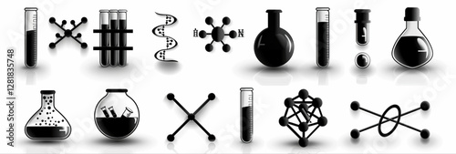 Science Lab Icons: A collection of diverse science lab icons, meticulously designed in black and white, symbolizing chemistry, experiments, and scientific research.