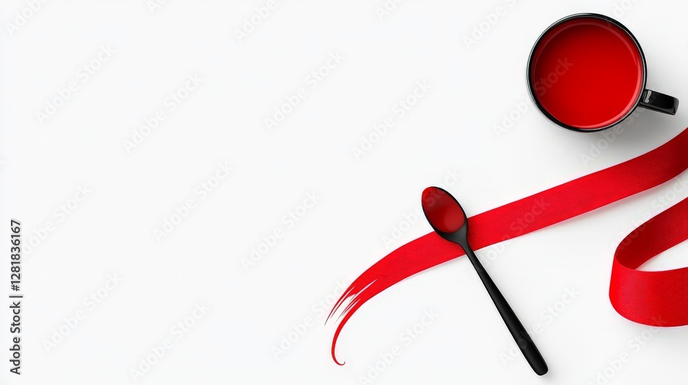 Red Spoon and Cup with Ribbon on White Background for Minimalist Design Red Spoon and Cup with Ribbon on White Background for Minimalist Design