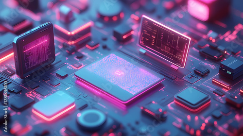 Futuristic Cyberpunk Isometric 3D Illustration of Floating Digital Devices on Pastel Gradient Background with Neon Accents