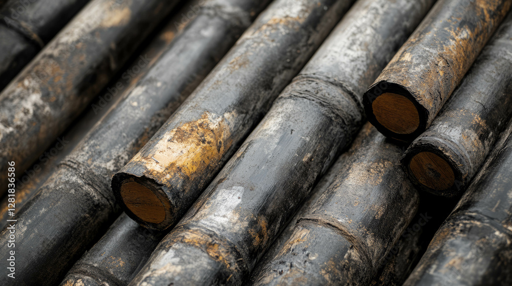 Close-up rustic bamboo pole arrangement for natural design and texture Close-up rustic bamboo pole arrangement for natural design and texture