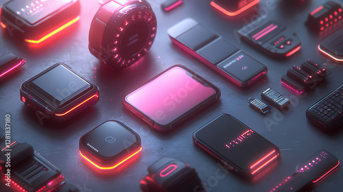 Futuristic Cyberpunk Isometric 3D Illustration of Floating Digital Devices on Pastel Gradient Background with Neon Accents