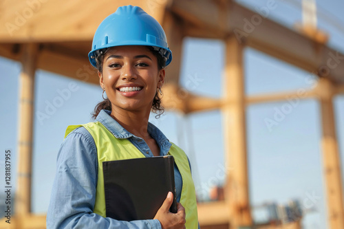 Portrait of black female engineer with a black folder of drawings at a construction site with copy space