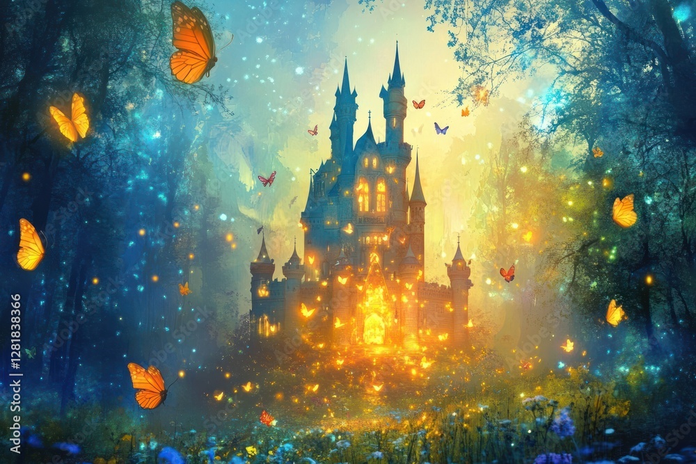 Obraz premium mysterious enchanted castle glowing amid dark forest with vibrant butterflies. magical fantasy theme. fairytale atmosphere. book cover, poster, greeting card.