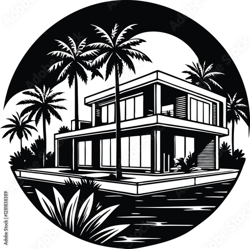 Silhouette luxurious summer villa with infinity pool and ocean view