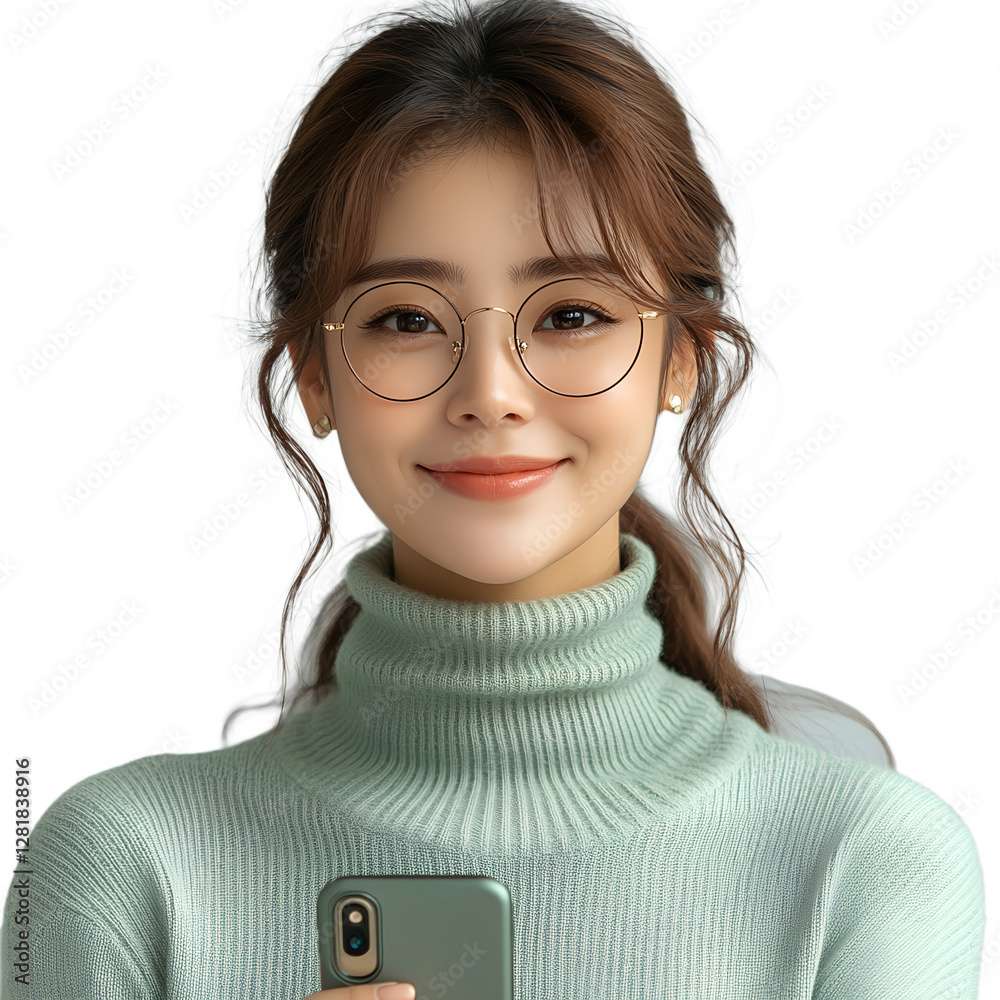 Happy Woman Shows Off a Blank Smartphone Display png isolated on transparent background Happy Woman Shows Off a Blank Smartphone Display png isolated on transparent background