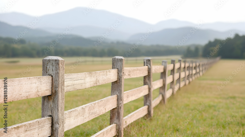 Wooden fence in a pastoral valley, misty mountains Wooden fence in a pastoral valley, misty mountains