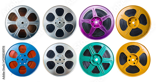 Colorful Vintage Film Reels in Circular Arrangement on White Background, isolated on transparent background