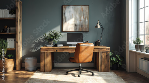 Photorealistic Modern Home Office Interior with Wooden Desk, Vintage Lamp, and Abstract Wall Art in Cozy Daylight Ambiance