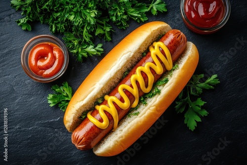 Delicious hotdog with mustard and ketchup on a black stone background with fresh parsley garnish appetizing food photography