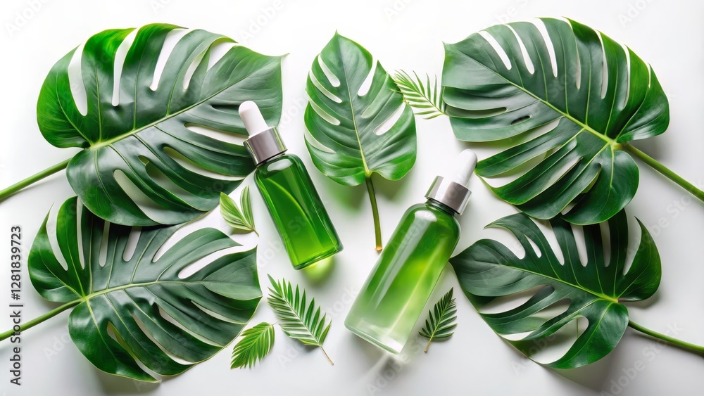 Fototapeta premium Green Beauty Product Flatlay Monstera Leaves and Serum Bottles, Organic Skincare, Natural Cosmetics Organic,Botanical