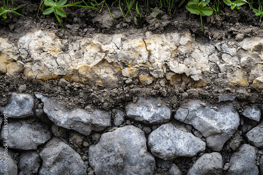 Fototapeta premium Detailed Close Up of Soil Layers Cracked Clay and Stone Wall Texture