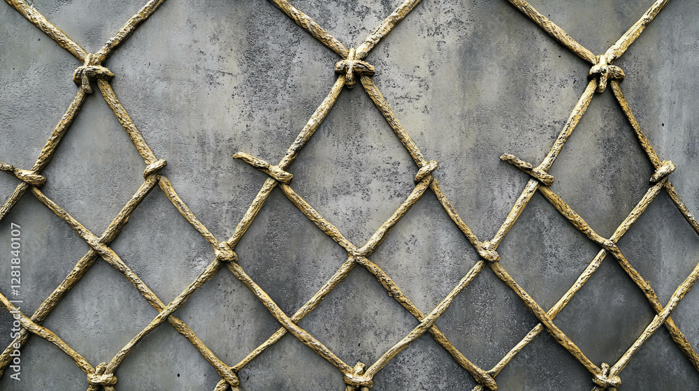 Fototapeta premium Industrial concrete texture with dark gold wire mesh pattern for architectural design