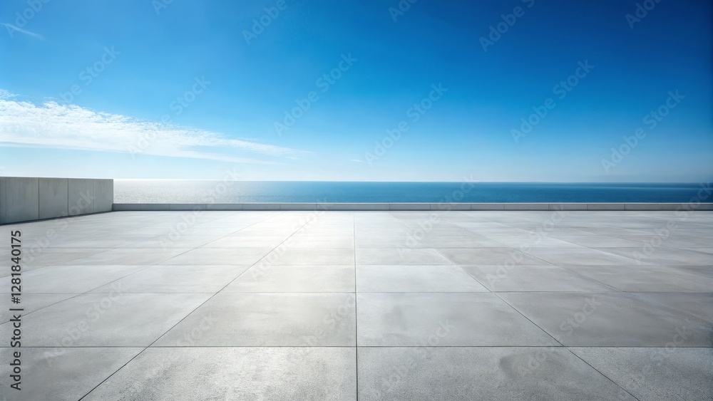 Ocean View Concrete Terrace Minimalist Composition, Grey Tiles, Seascape, Blue Sky, Architectural Photography Seascape, Architecture Ocean View Concrete Terrace Minimalist Composition, Grey Tiles, Seascape, Blue Sky, Architectural Photography Seascape, Architecture