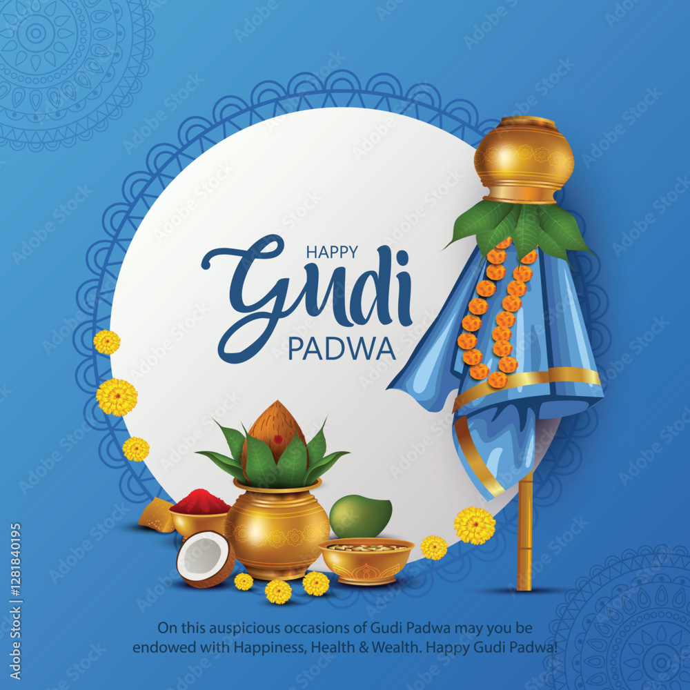 Fototapeta premium Happy Gudi Padwa with decorated background of celebration of India. abstract vector illustration design(Hindi translation : Gudi padwa)