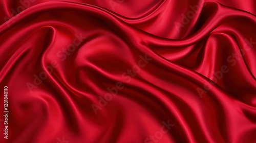 Luxurious silk texture in deep red, flowing and elegant: A visually captivating deep red silk fabric, softly draped to create elegant waves, with a lustrous sheen reflecting light, exuding richness